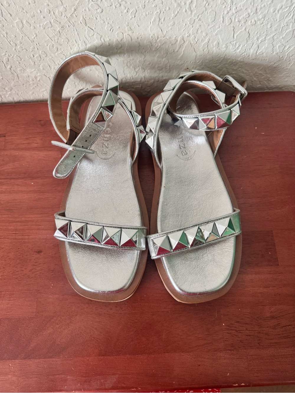 Women's Silver Pyramid-Stud Ankle Strap Sandals